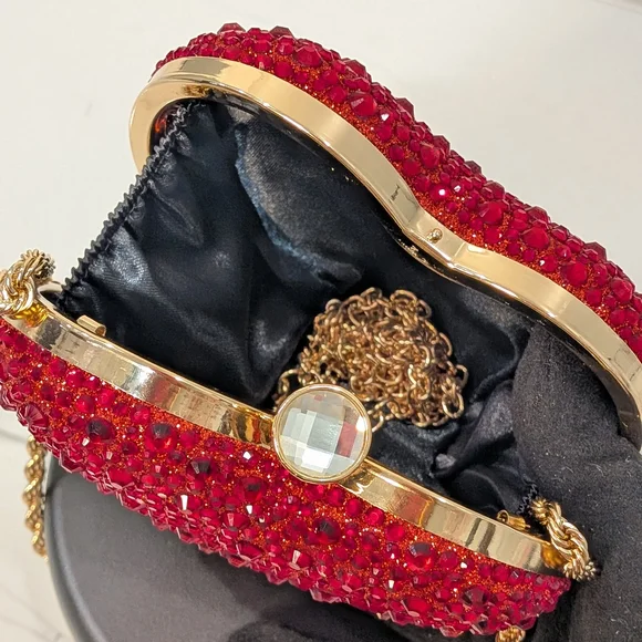 Women's Red Crystal Heart Evening Bag  Sparkly Rhinestone Clutch with Gold Chain - Picture 9 of 13